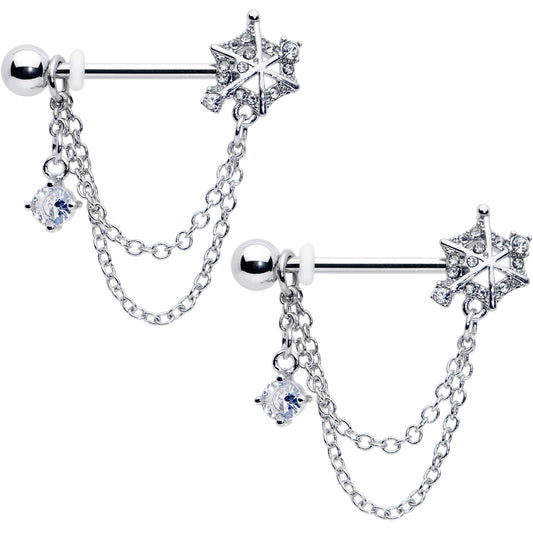 14G 9/16 Clear CZ Gem Spiderweb Chain Dangle Nipple Ring Set