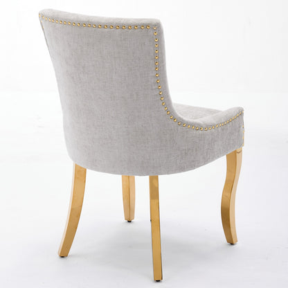 Chenille Dining Chairs, Modern Style with Curved Gold - Plated Legs & Rivet