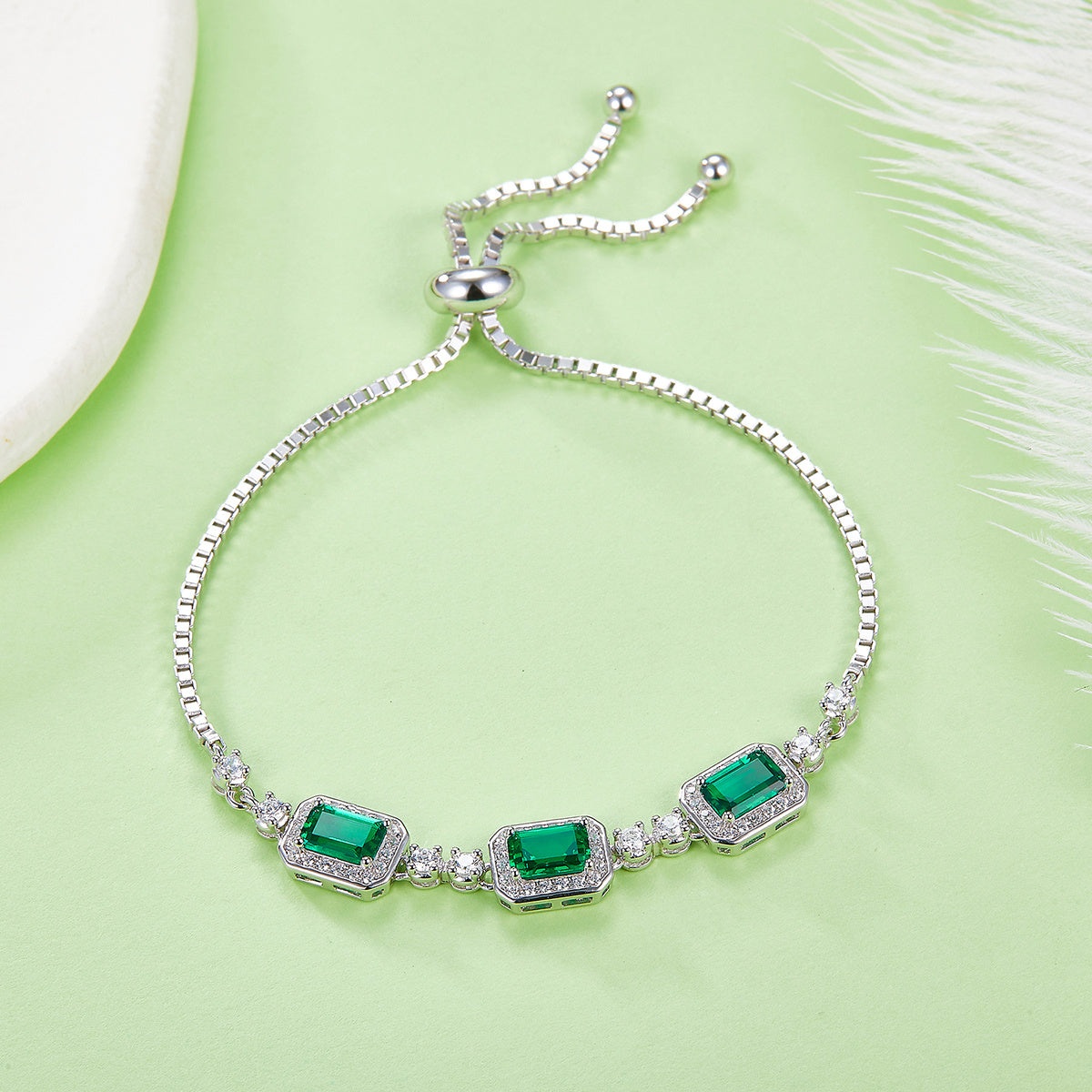 S925 Sterling Silver Adjustable Bolo Bracelet, 6x4mm 3-Stone Lab-Grown Emerald Sapphire Halo, 21cm Platinum Plated 6.2g Women's Jewelry Gift Box