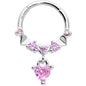 16G 3/8 Pink CZ Gem Love Heart Dangle Hinged Segment Ring