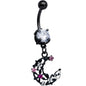 Clear Pink CZ Gem Black Flower Moon Dangle Belly Ring