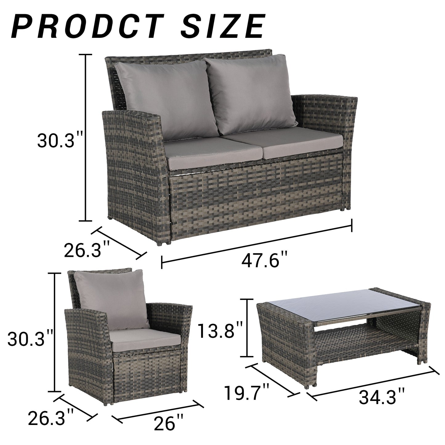 Outdoor Patio Set PE Rattan Steel Dark Gray 4 Piece Glass Seats 4