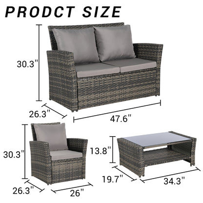 Outdoor Patio Set PE Rattan Steel Dark Gray 4 Piece Glass Seats 4