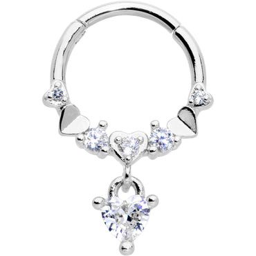 16G 3/8 Clear CZ Gem Love Heart Dangle Hinged Segment Ring