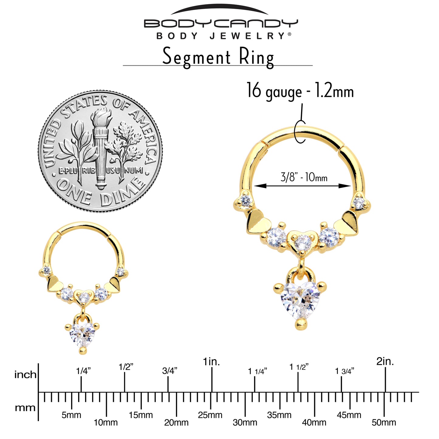 16G 3/8 Clear CZ Gem Gold Tone Love Heart Dangle Hinged Segment Ring