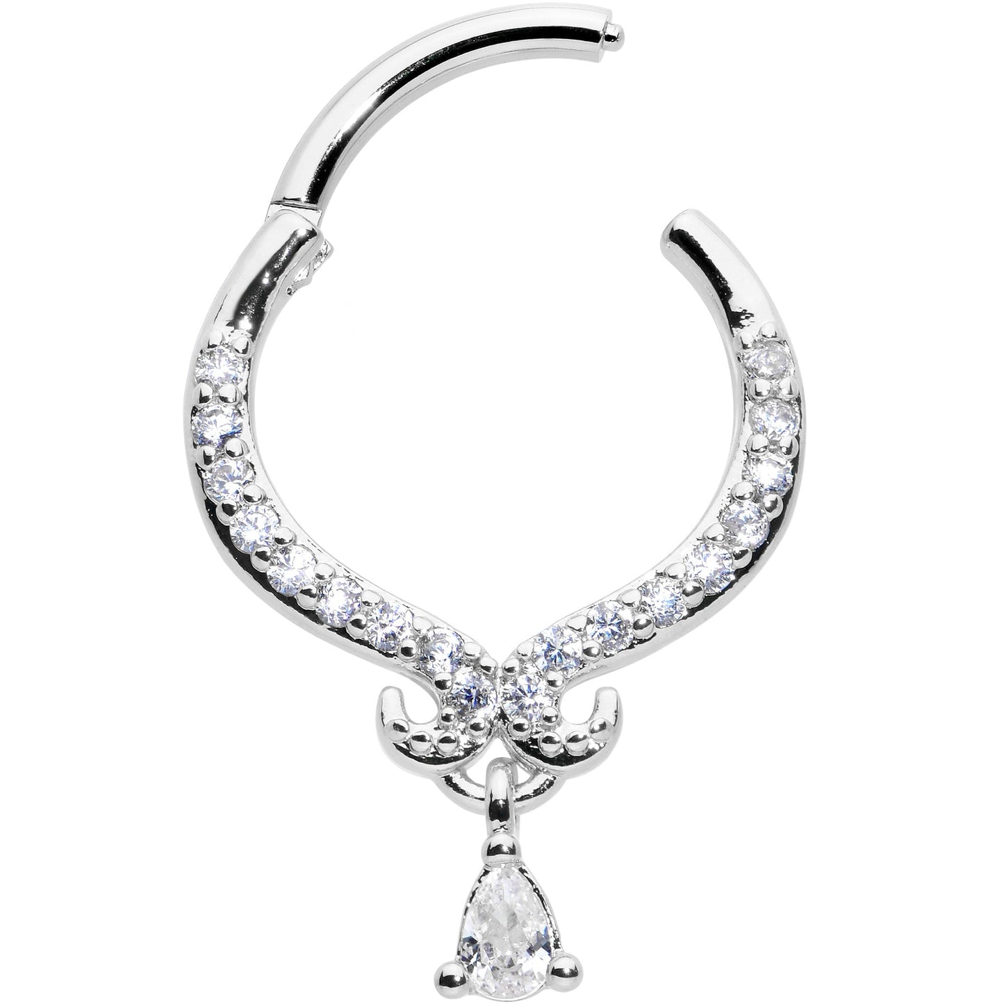 16G 3/8 Clear CZ Gem Elegant Curves Dangle Hinged Segment Ring