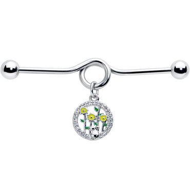 14G Clear Gem Cat Yellow Flowers Dangle Project Bar 38mm