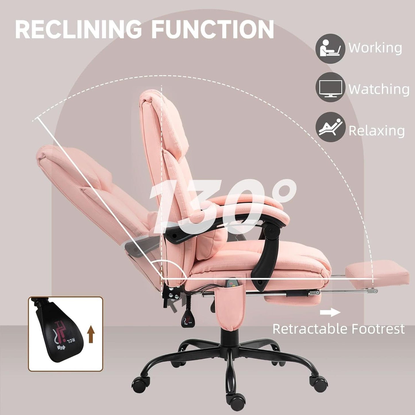 Pink Massage Office Chair With 6 Vibration Points Footrest