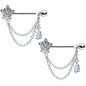 14G 9/16 Clear CZ Gem Snowflake Flower Chain Dangle Nipple Ring Set