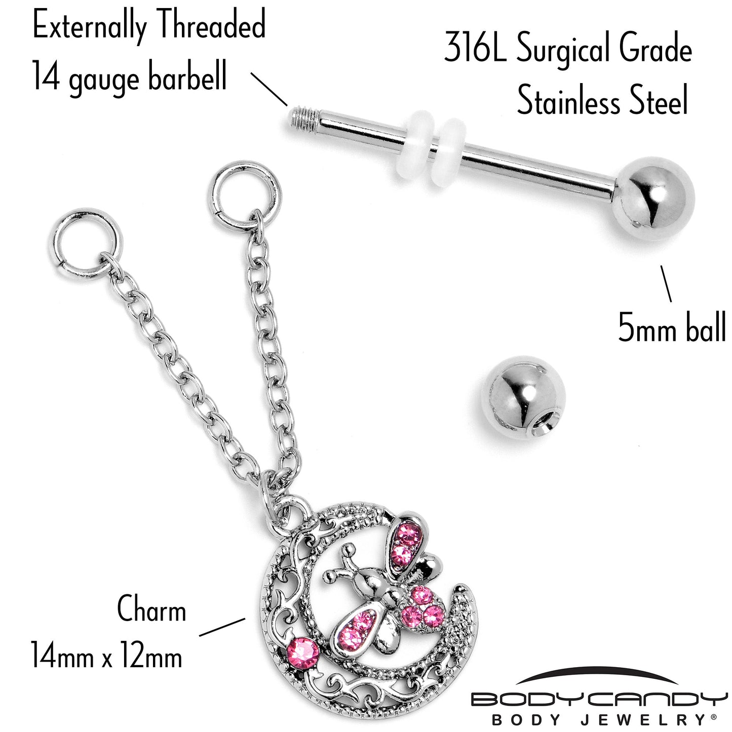 14G 9/16 Pink Gem Lunar Dragonfly Chain Dangle Nipple Ring Set