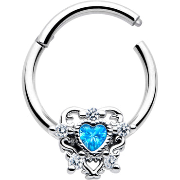 16G 3/8 Blue Clear CZ Gem Heart Pair Hinged Segment Ring
