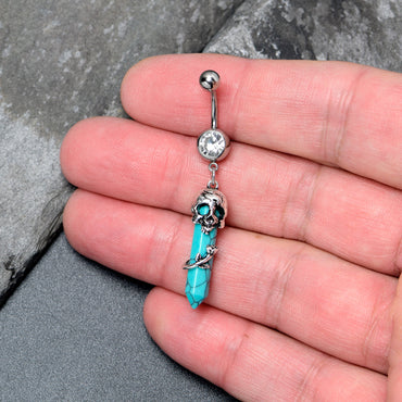 Blue Turquoise Skull Obelisk Rose Dangle Belly Ring