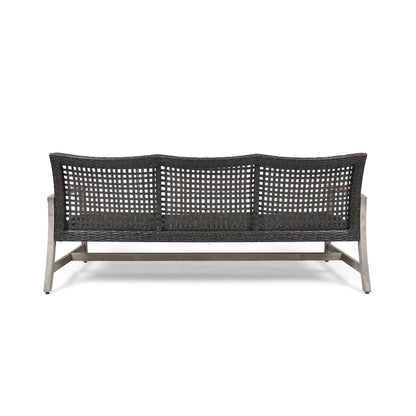 Outdoor Sofa Acacia Wood Wicker 3 Seater Gray 75.5in