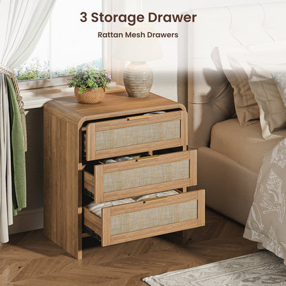 Rattan Nightstand with 3 Drawers, 22.8 in Wide, Curved Wood, Caramel Oak