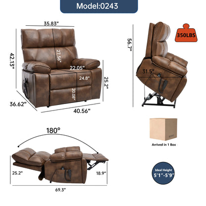Lift Recliner Chair Power Faux Leather Brown Dual Motor Heat Massage 350 LB