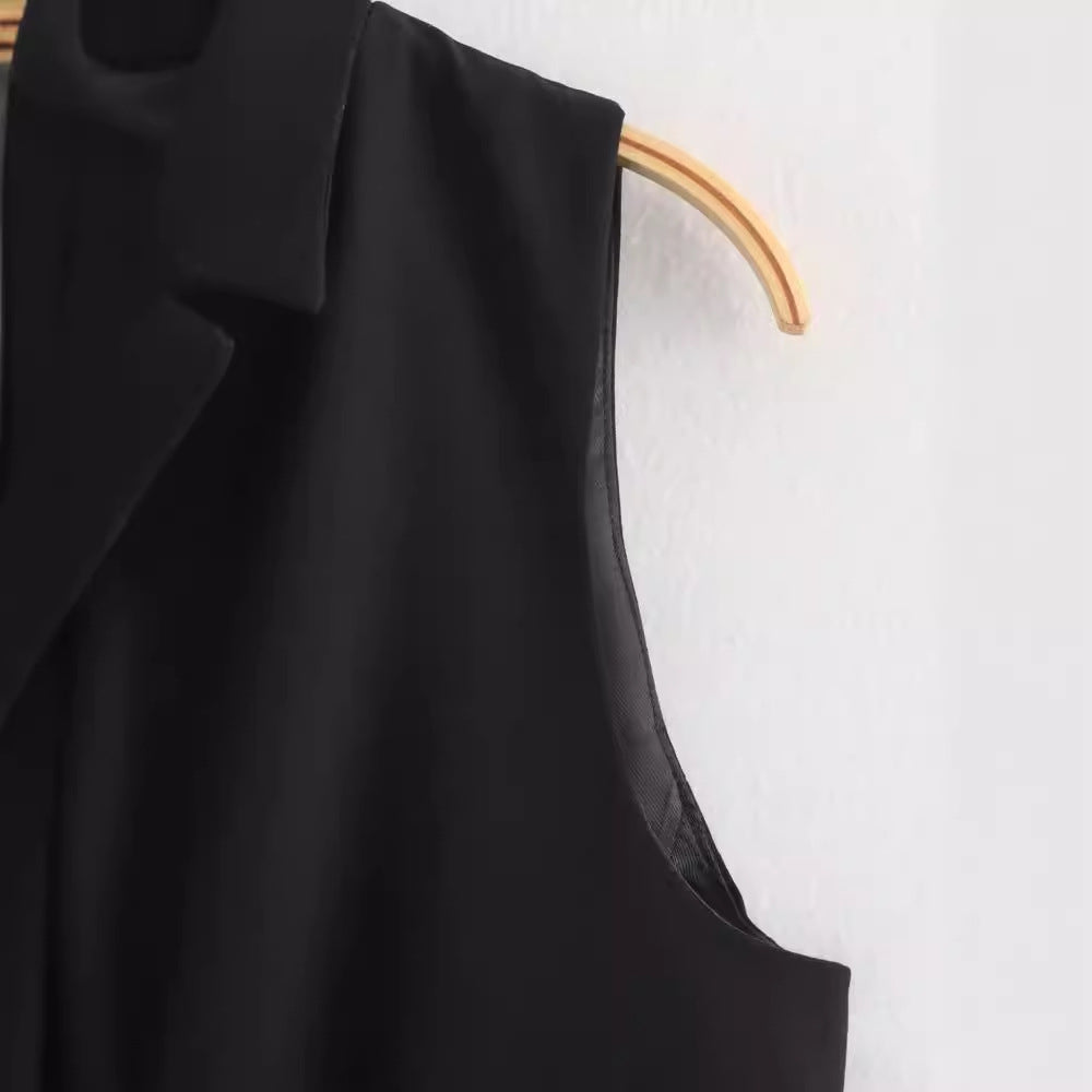 Womens Solid-Color Elegant Lapel Sleeveless Single-Breasted Vest
