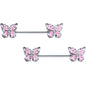 14G 9/16 Pink Gem Baroque Beauty Butterfly Barbell Nipple Ring Set