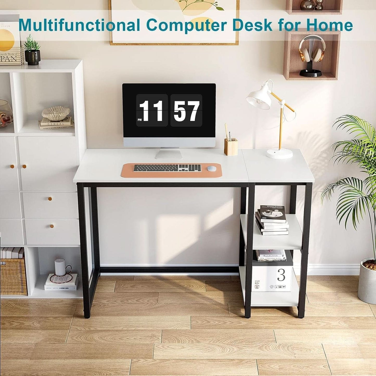 40 Inch White Computer Desk With 2 Tier Shelves Home Office