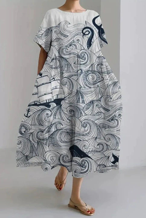 3D Digital-Print Short-Sleeve Casual Dress