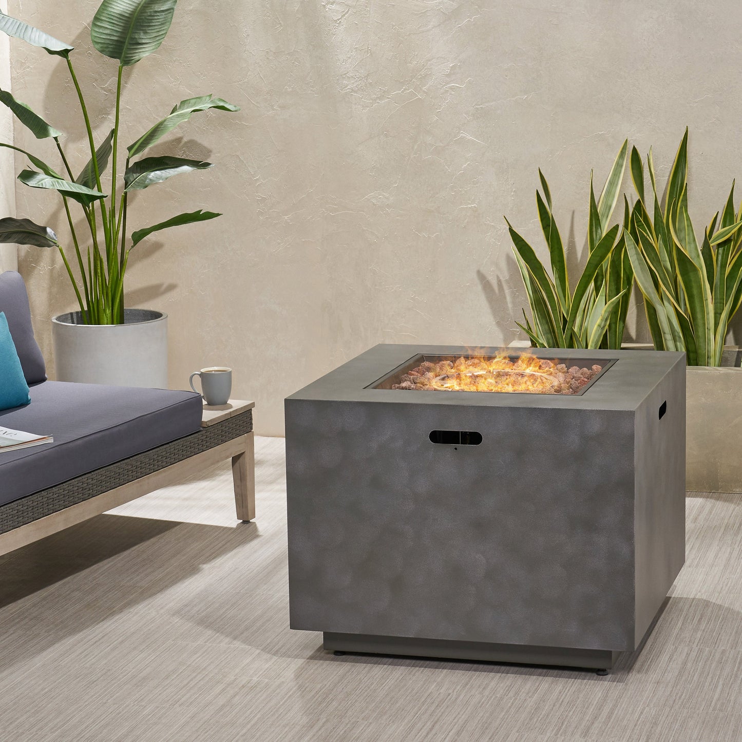Modern Iron Square Fire Pit 50000 BTU, Stone Gray, 31x31x24