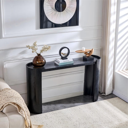 Black Curved Foyer Table, Wood Grain Minimalist Entrance Side Table