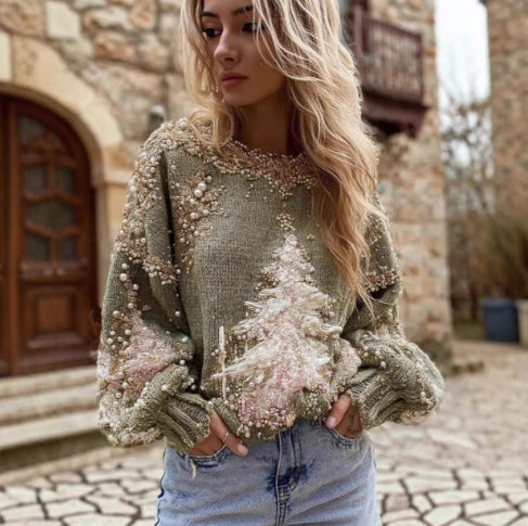 Womens Crew-neck Long-sleeve Printed Sweater