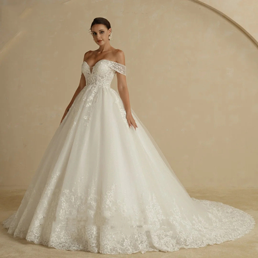 Off shoulder bridal court style French light wedding dress