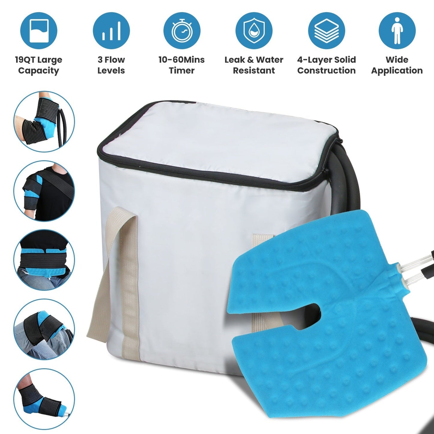 19QT Portable Cold Therapy Machine Programmable Ice Therapy Machine Cold Rush Therapy Machine System with 3 Flow Levels 10-60Mins Timer 3 Elastic Band