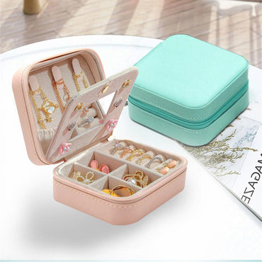 Portable Leather Jewelry Box Candy Color Travel Storage Upgrade With Mirror Earrings Rings Display Organizer Mother's Day Gift