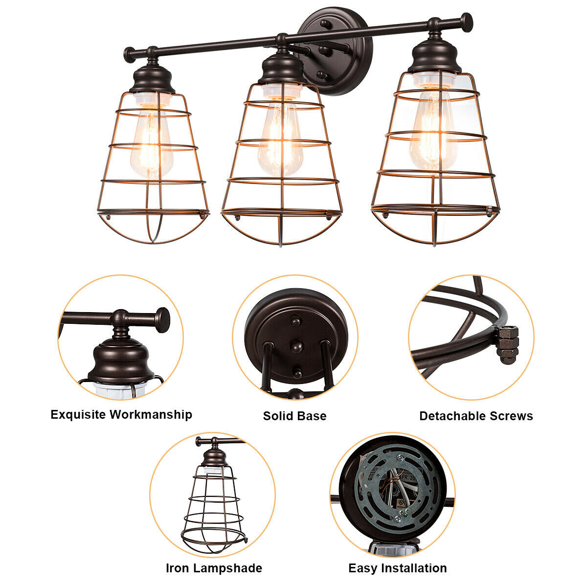 3-Light Vanity Lamp Bathroom Fixture with Metal Wire Cage