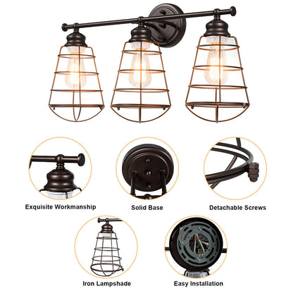 3-Light Vanity Lamp Bathroom Fixture with Metal Wire Cage