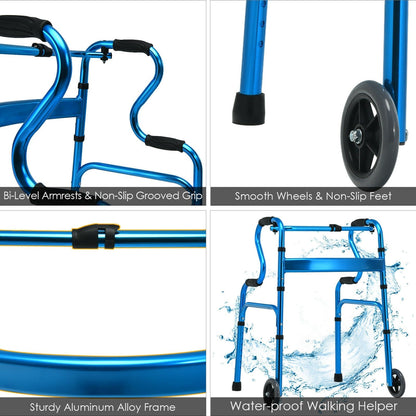 Adjustable Heavy-Duty Folding Walker with Unidirectional Wheels and Bi-Level Armrests-Black