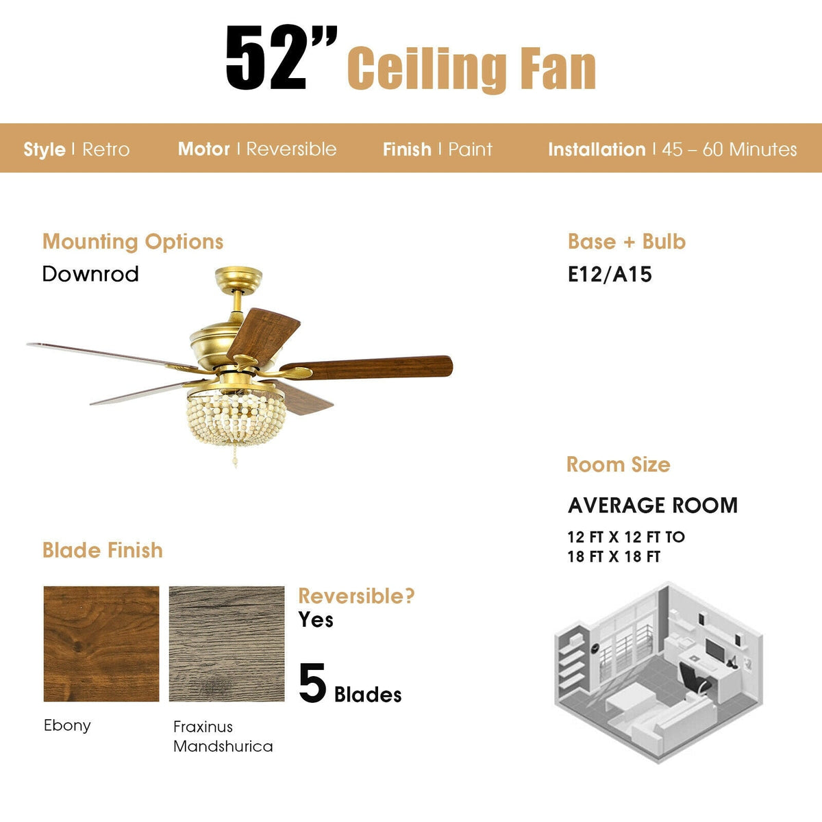 52 Inch Retro Ceiling Fan Light with Reversible Blades Remote Control