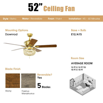 52 Inch Retro Ceiling Fan Light with Reversible Blades Remote Control