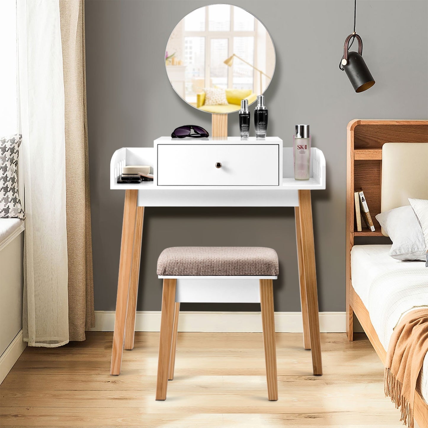 Wooden Makeup Dressing Mirror Table Set with Drawer