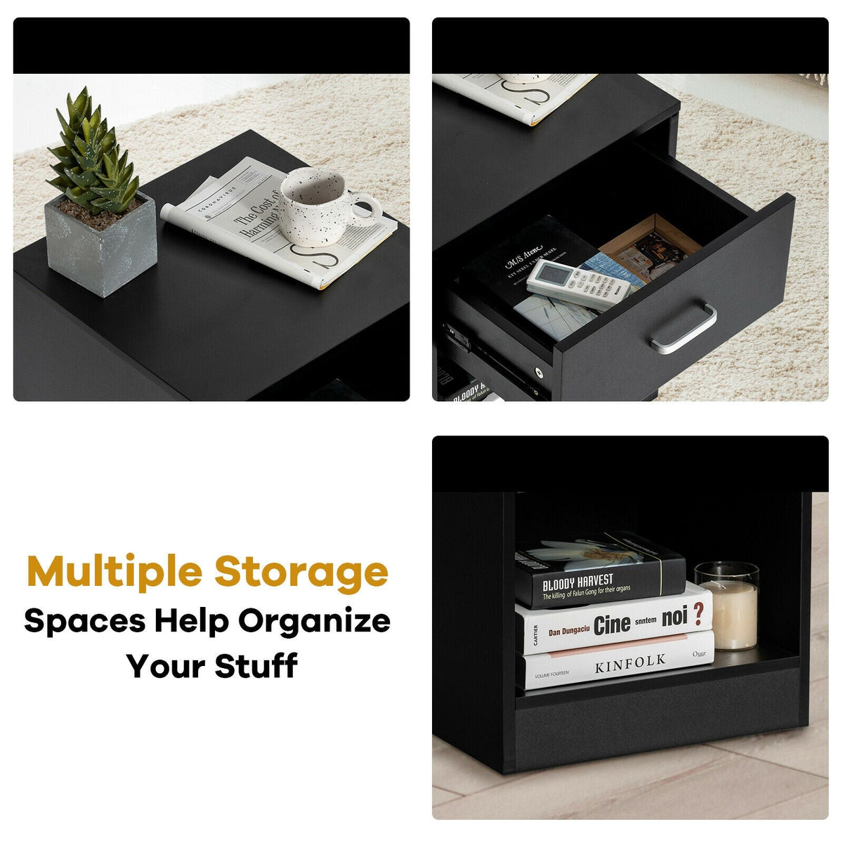 2 Pieces Nightstand with Storage Drawer and Cabinet