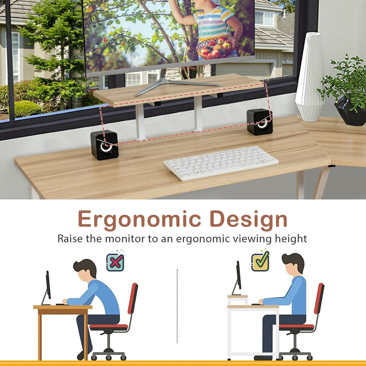 88.5 Inch L Shaped Reversible Computer Desk Table with Monitor Stand
