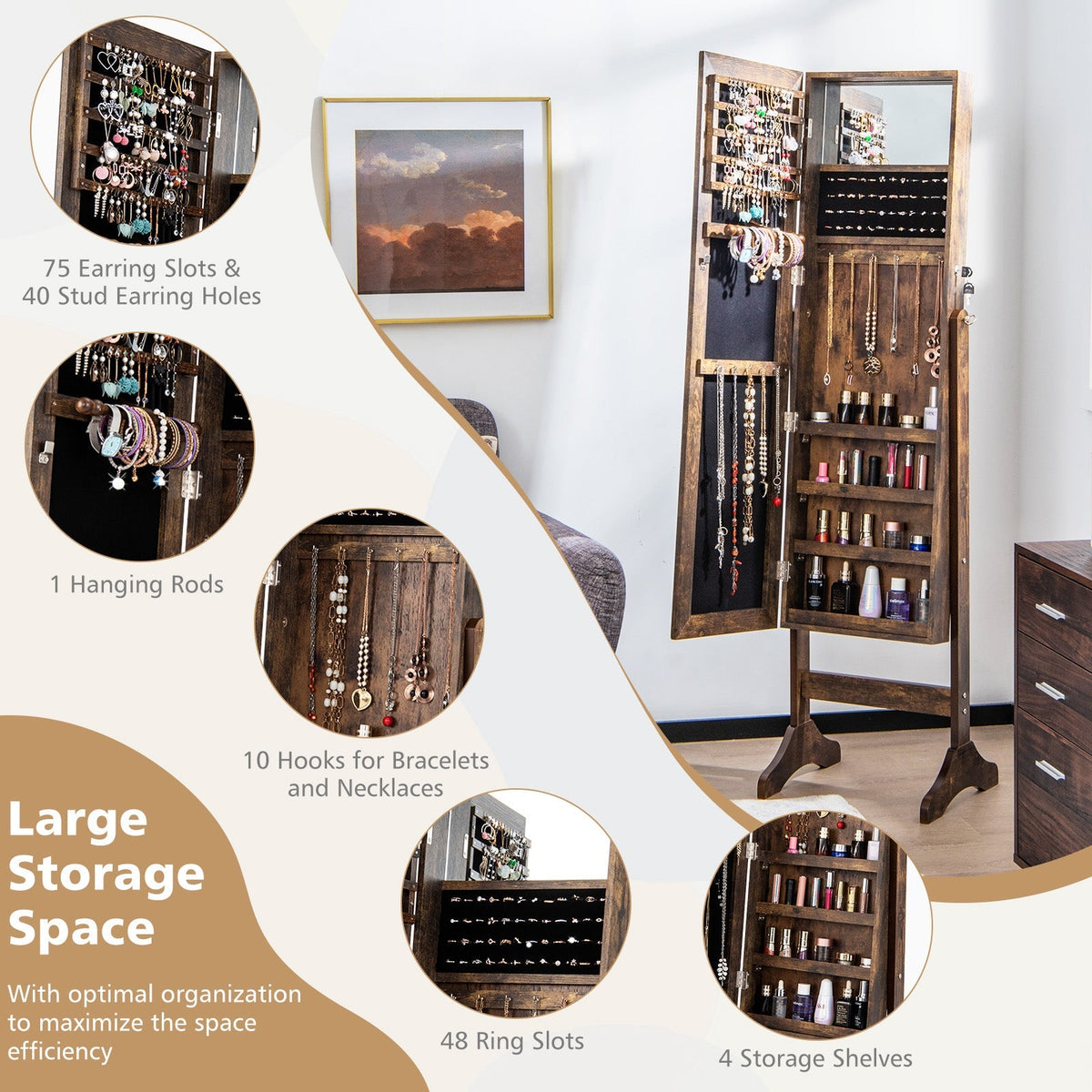 Standing Jewelry Cabinet with Full Length Mirror