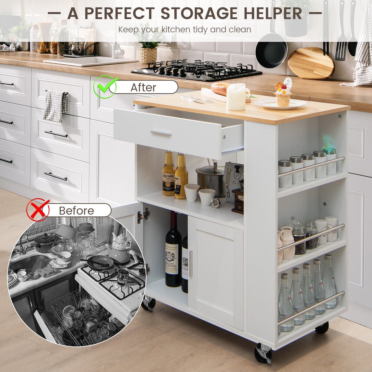 Rolling Kitchen Trolley with 3 Spice Racks Drawer and Open Shelf