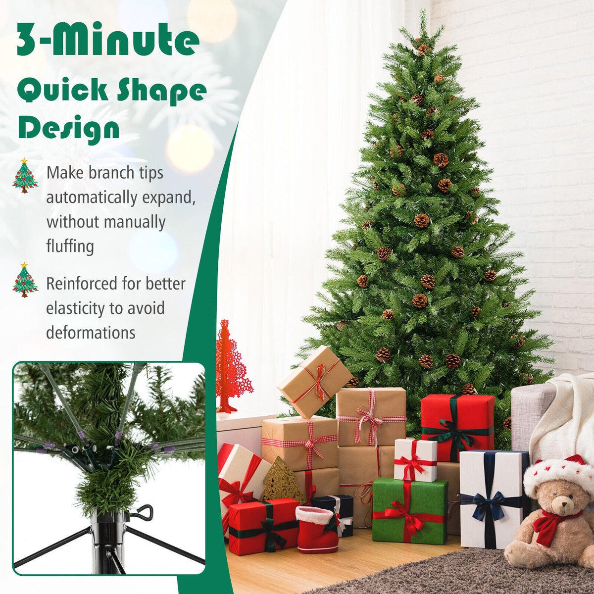 6/7 FT Artificial Christmas Tree with Pine Cones and Adjustable Brightness