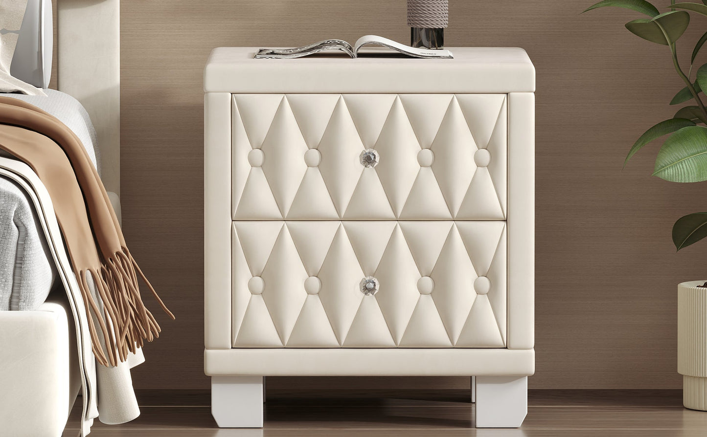 Velvet Nightstand with 2 Drawers, Crystal Handle, Button-Tufted, Beige