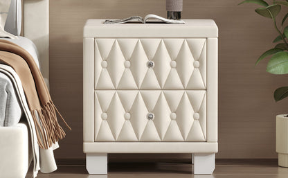 Velvet Nightstand with 2 Drawers, Crystal Handle, Button-Tufted, Beige