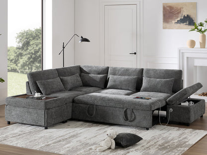 Sofa Bed L-Shape Chenille Gray 6 Seat Pull-Out USB Ports 107 In