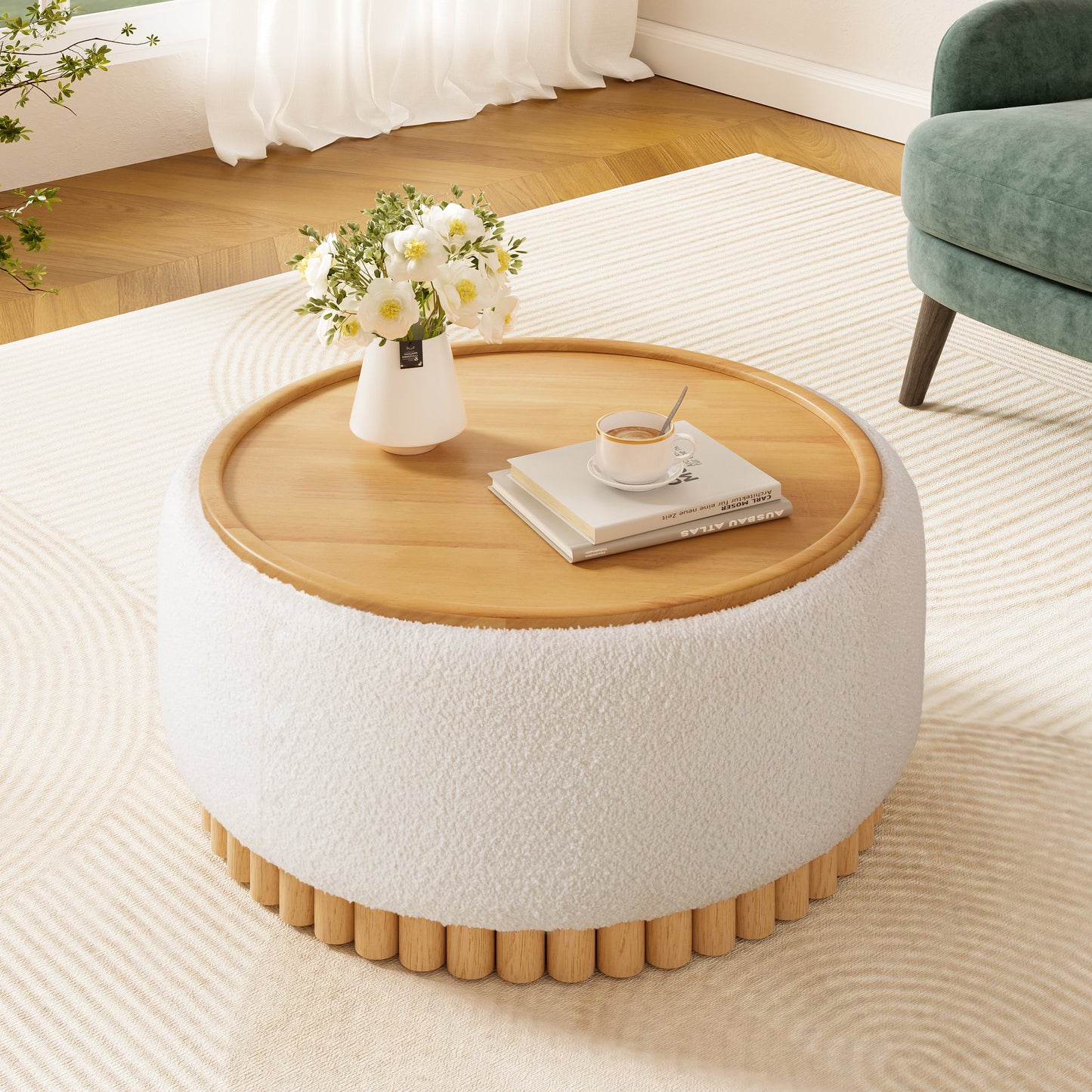 29' Round Storage Ottoman with Solid Wood Legs, Boucle Fabric, No Assembly