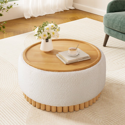 29' Round Storage Ottoman with Solid Wood Legs, Boucle Fabric, No Assembly