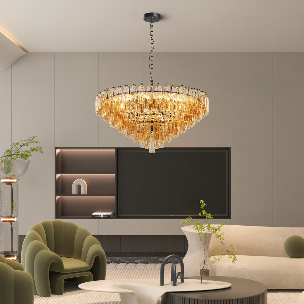 Tiered Smoke Glass Chandelier | 14-Light Round or 12-Light Rectangular, Brushed Black or Gold Metal Frame — 37" or 54", Dimmable