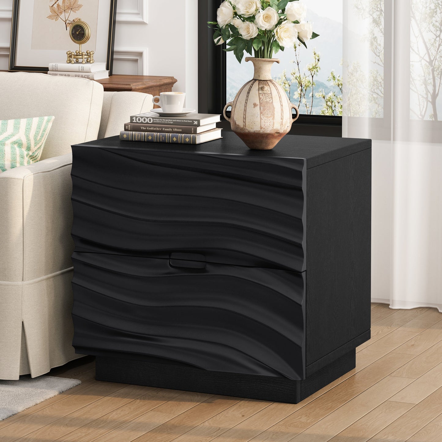 Solid Wood Nightstands Set of 2, 2 Drawers, No Handles, Living Room, Black