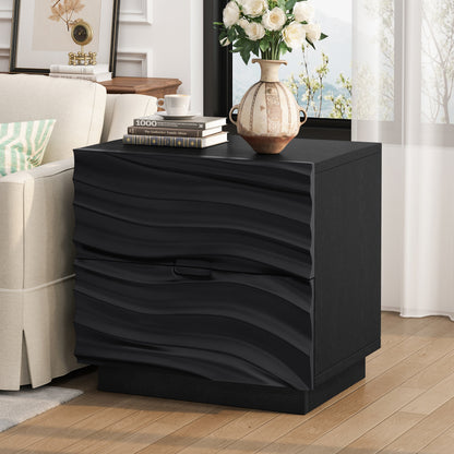 Solid Wood Nightstands Set of 2, 2 Drawers, No Handles, Living Room, Black