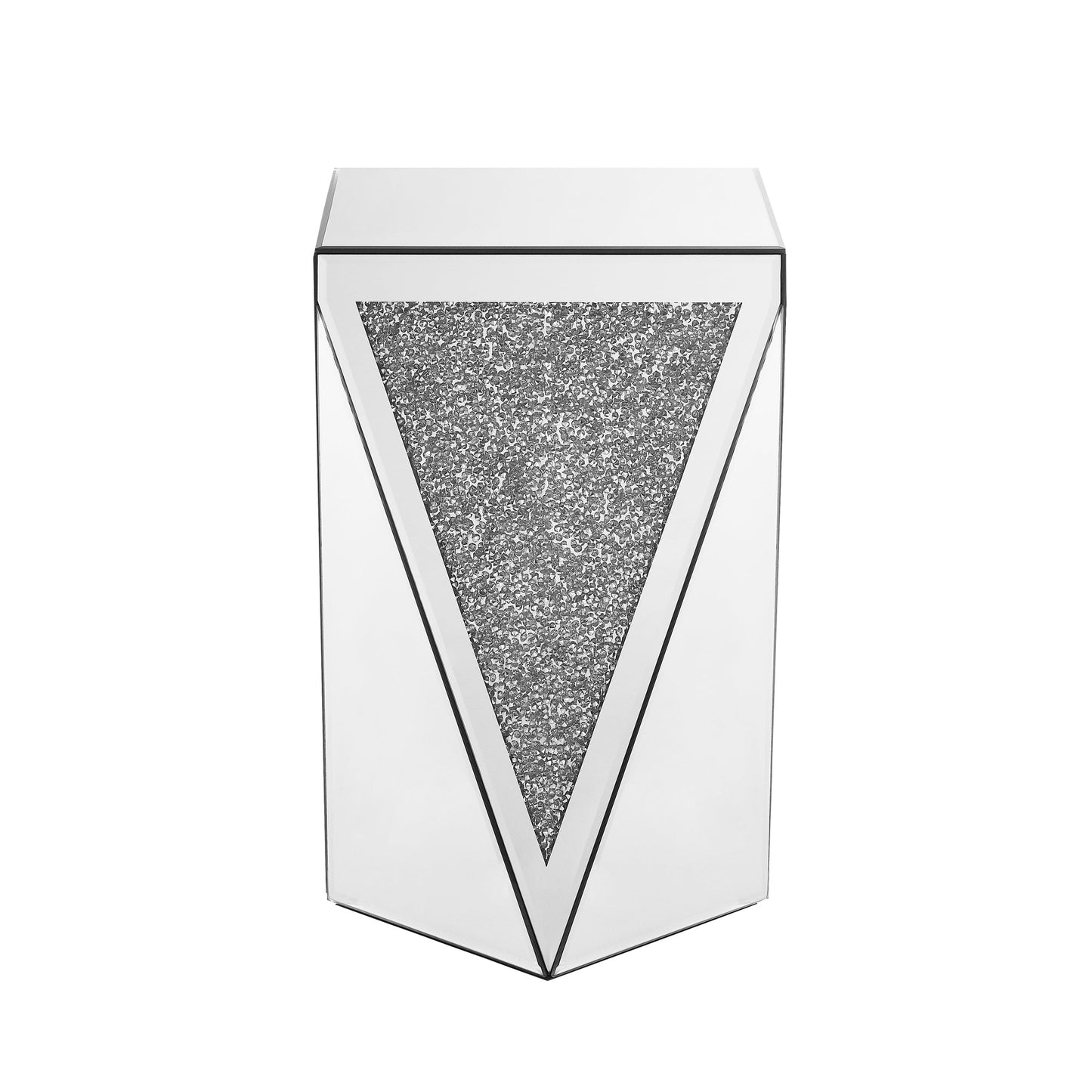 Inverted Triangle Mirror Coffee Table, Crystal Diamond Inlaid, Silver Glass