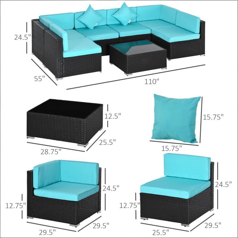 Outdoor Sectional Set PE Rattan Steel Turquoise 7pc